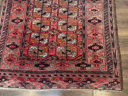 Antique Turkoman Rug 3.7 x 6.7, Red, Wool Runner Rug