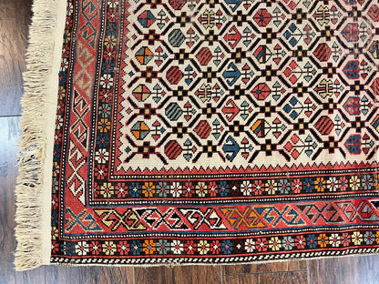 Antique Caucasian Shirvan Rug 4x5 Hand Knotted Wool Oriental Carpet Ivory Red Allover Pattern