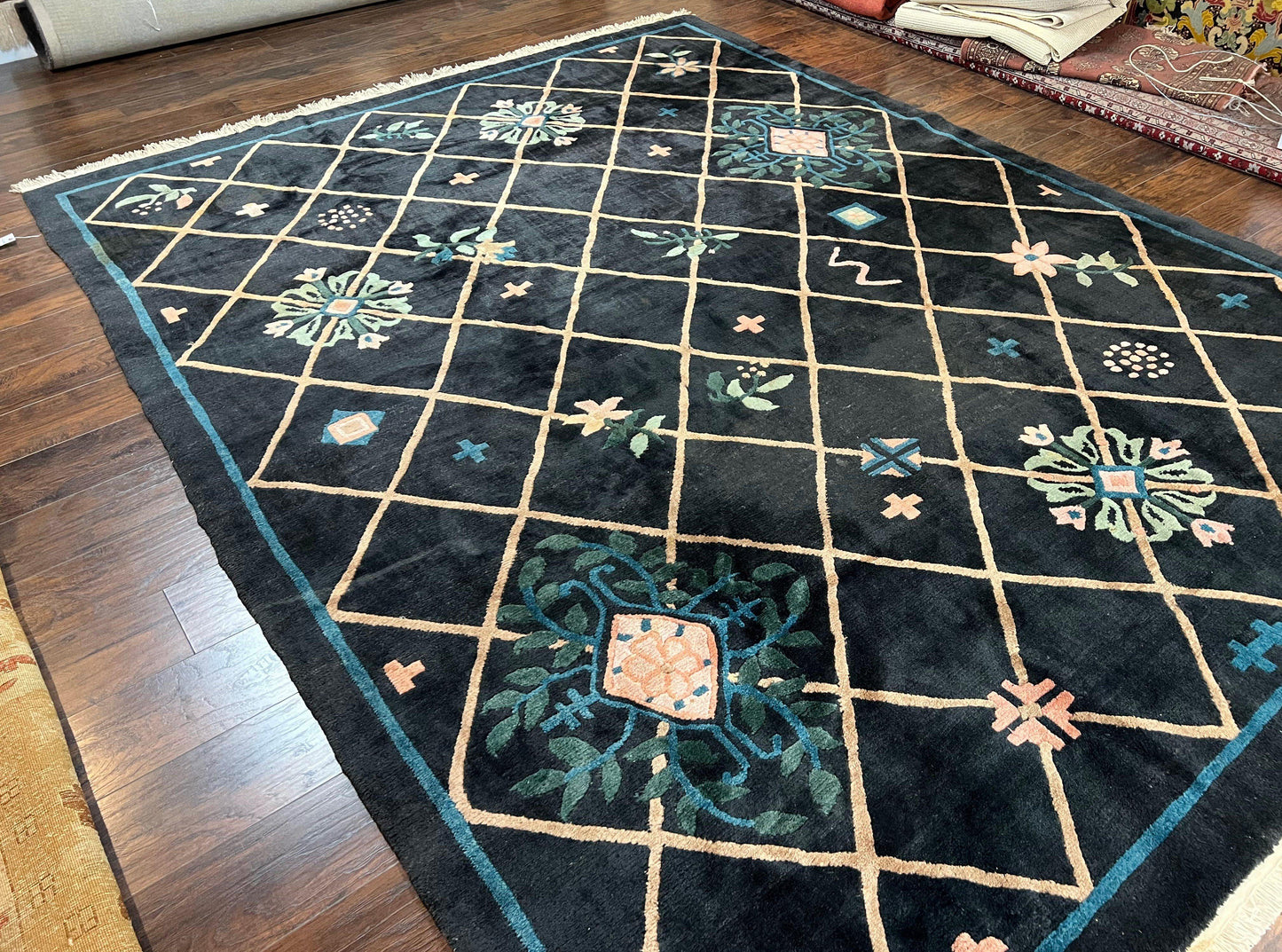 Hand Knotted Tibetan Rug 9x12 Black And Tan Contemporary Nepalese Area Rug