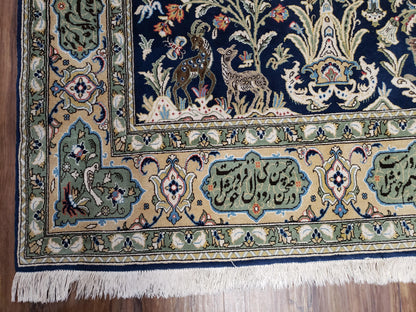 Persian Qum Tree Of Life Rug Hand Knotted Wool Midnight Blue And Tan With Poem Borders 4ft 8in By 7ft 8in