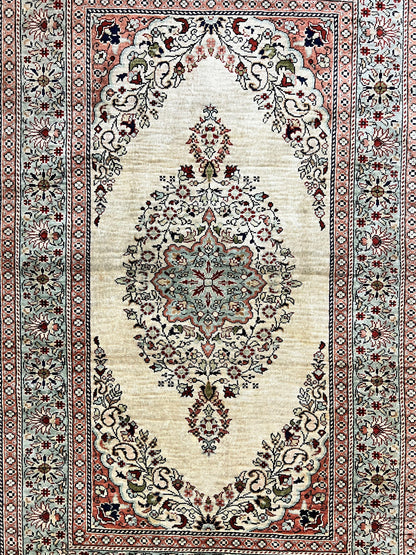 Silk Turkish Kayseri Rug 2x3 Hand Knotted Vintage Silk Pile On Silk Foundation 300 KPSI
