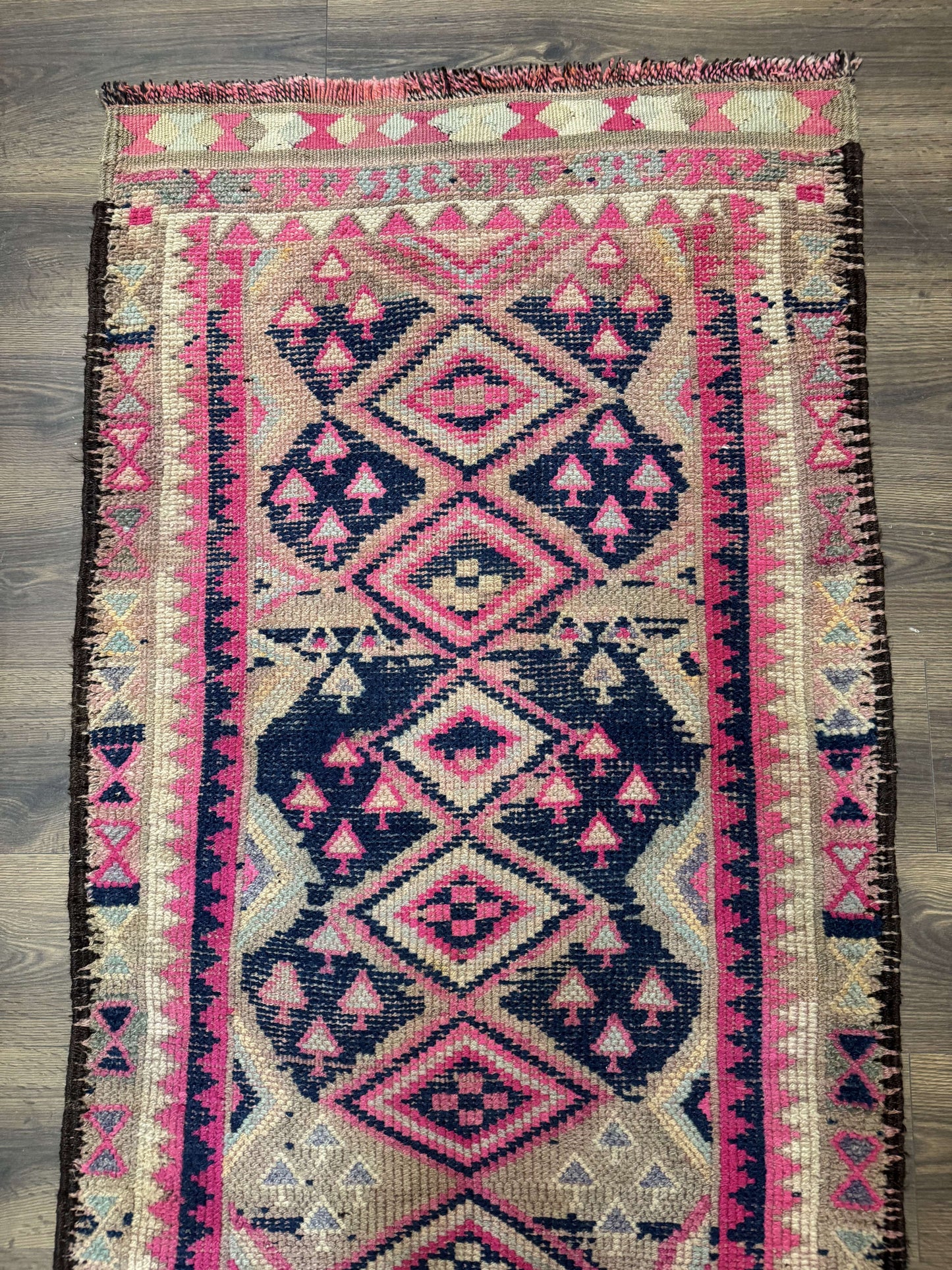 Turkish Runner Rug 3x10, Pink and Navy Blue, Bohemian Runner for Hallway or Kitchen, Vintage, Geometric, Tribal