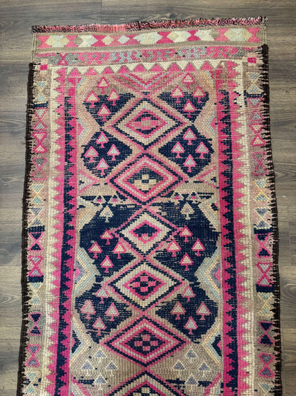 Turkish Runner Rug 3x10, Pink and Navy Blue, Bohemian Runner for Hallway or Kitchen, Vintage, Geometric, Tribal