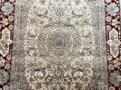 Silk Indian Kashmiri Rug 4x6 ft, Floral Medallion Hand Knotted Handmade Oriental Carpet, Vintage, Cream Burgundy, Very Fine Silk Rug 4 x 6