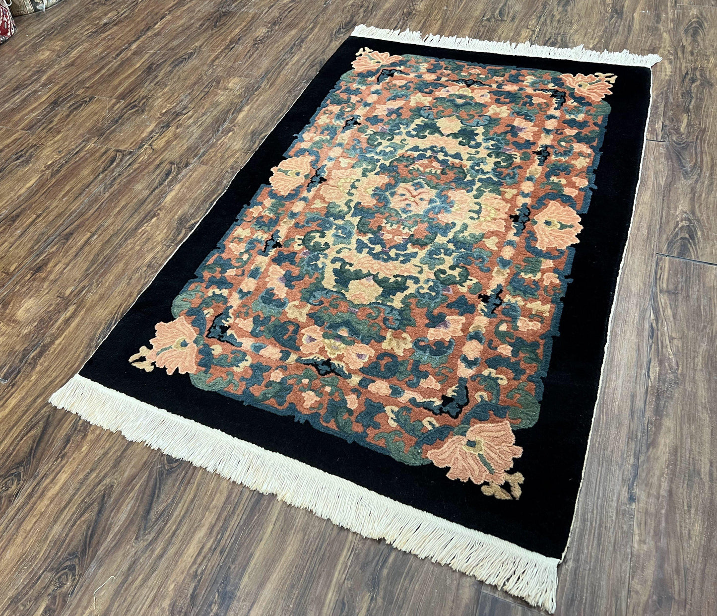 Art Deco Rug Chinese Handmade Wool 3x5 Vintage Floral Black Beige Carpet