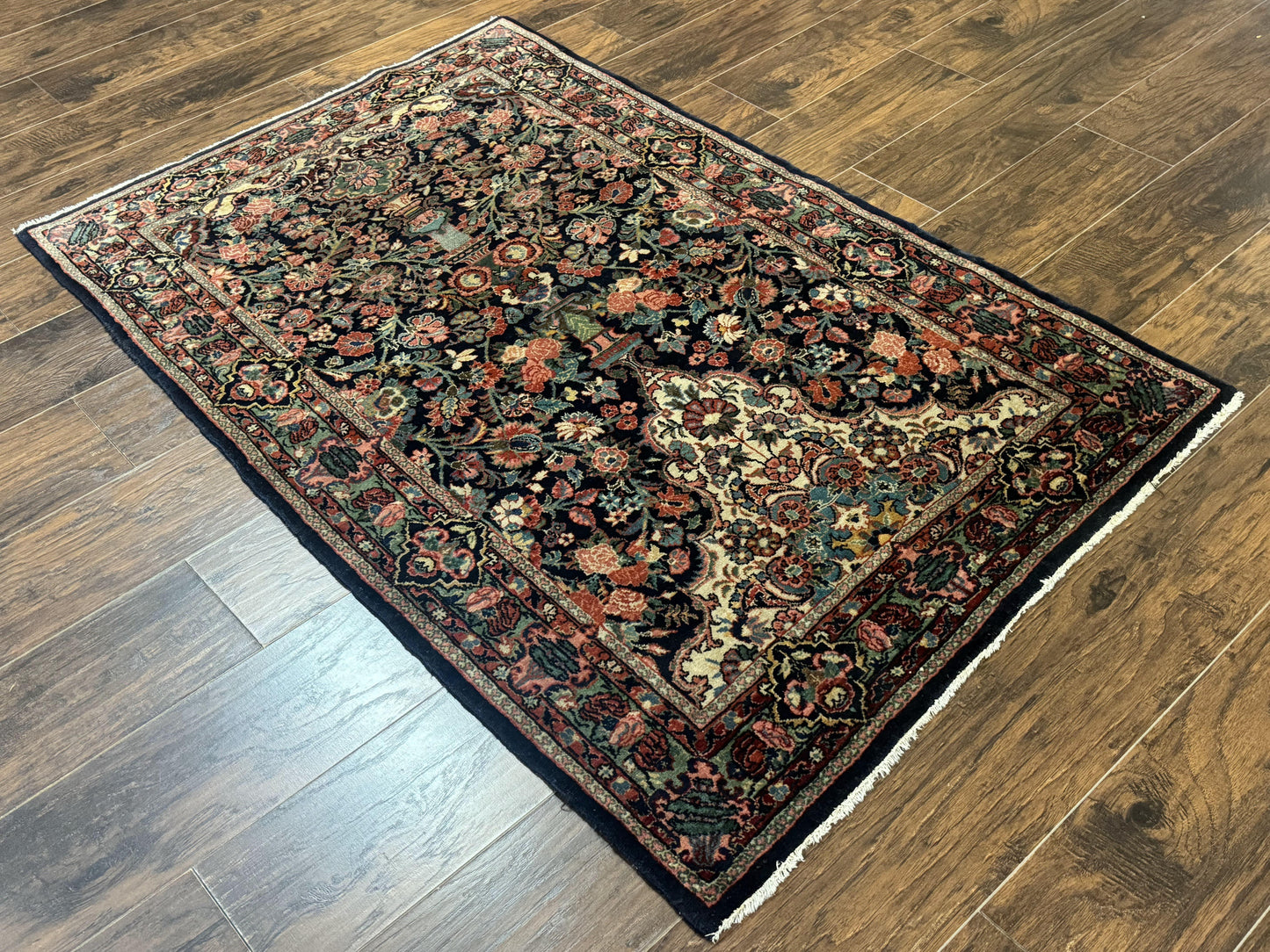 Antique Persian Rug 4x5, Navy Blue 1920s Carpet, Wool, Rare, Fine, Persian Hamadan Bidjar Carpet