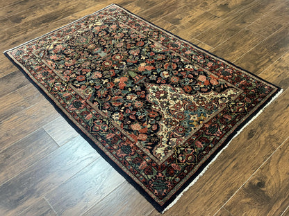 Antique Persian Rug 4x5, Navy Blue 1920s Carpet, Wool, Rare, Fine, Persian Hamadan Bidjar Carpet