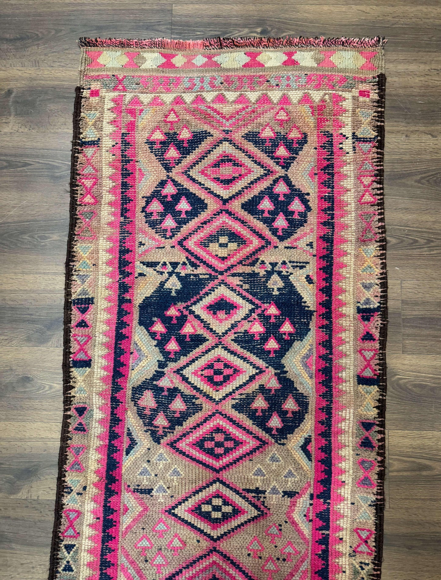 Turkish Runner Rug 3x10, Pink and Navy Blue, Bohemian Runner for Hallway or Kitchen, Vintage, Geometric, Tribal
