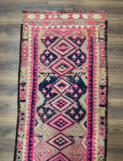 Turkish Runner Rug 3x10, Pink and Navy Blue, Bohemian Runner for Hallway or Kitchen, Vintage, Geometric, Tribal