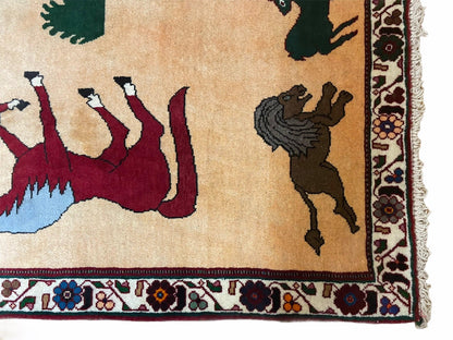 Handmade Wool Rug 4x6 Hand Knotted Tribal Horses Veggie Dyed