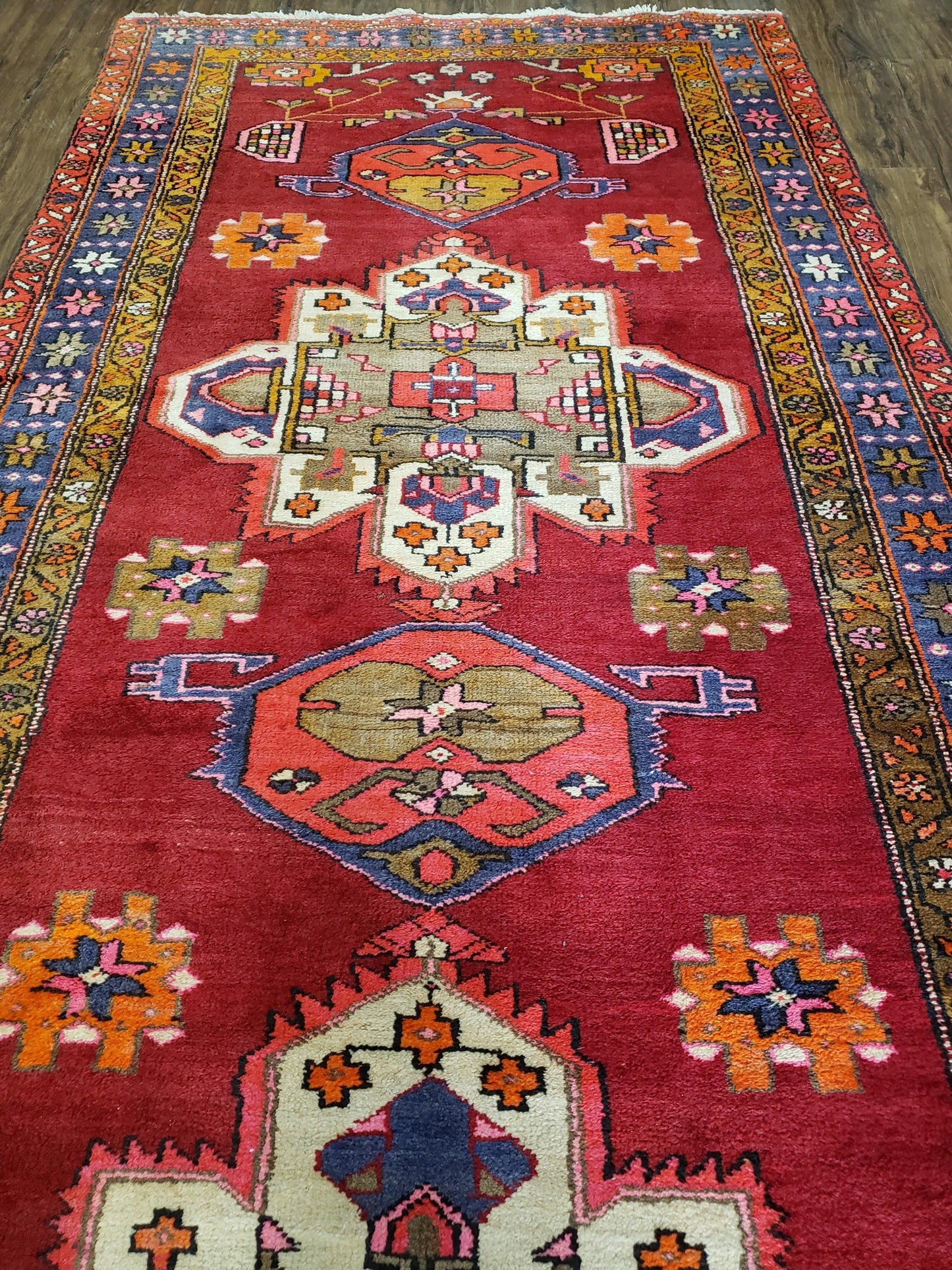 Persian Karajeh Runner Rug Antique Hand Knotted Wool 4.4 By 11 Ft Red Geometric Medallion