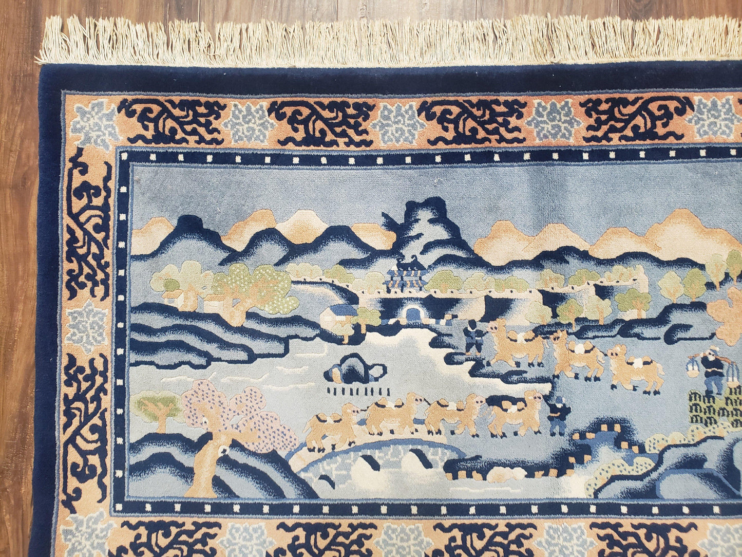 Chinese Pictorial Rug Hand Knotted Wool Vintage 28x55 Inches Teal And Blue Carpet Wall Tapestry