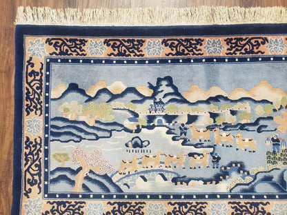 Chinese Pictorial Rug Hand Knotted Wool Vintage 28x55 Inches Teal And Blue Carpet Wall Tapestry