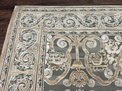 Spanish Wool Rug 11x14 Hand Knotted Vintage Floral Olive Green Beige European Design