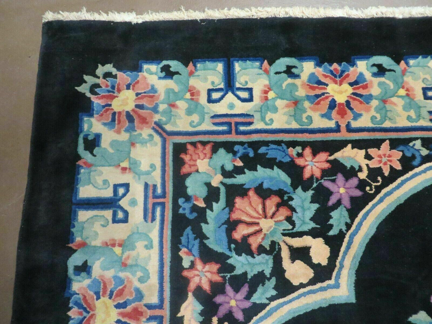 Art Deco Wool Rug Vintage Hand Knotted 8x10 Center Flower Black