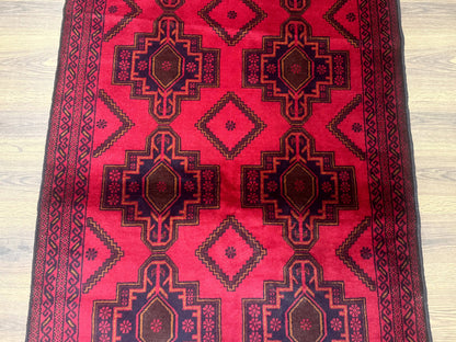 Balouch Afghan Rug 4x7 Hand Knotted Wool Contemporary Tribal Carpet Red And Navy