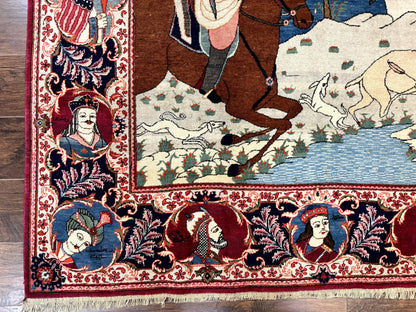 Rare Persian Kashan Pictorial Rug 6x9, King Bahram Hunting Scene, Persian Kings, Hand Knotted Persian Rug for Wall Hanging, Antique, Wool