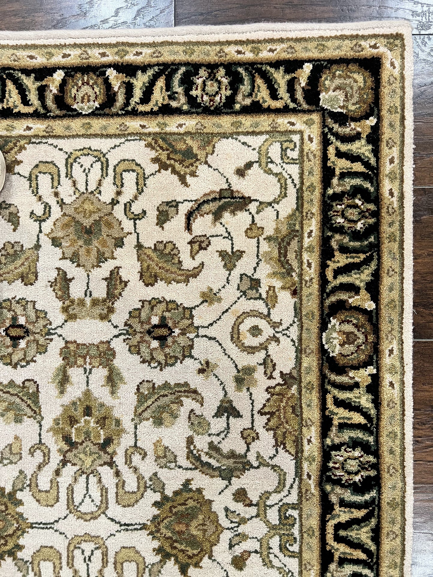 Small Indo Mahal Rug Hand Knotted Wool Vintage Oriental Carpet Beige Tan Black