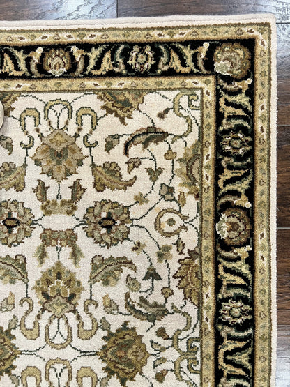 Small Indo Mahal Rug Hand Knotted Wool Vintage Oriental Carpet Beige Tan Black