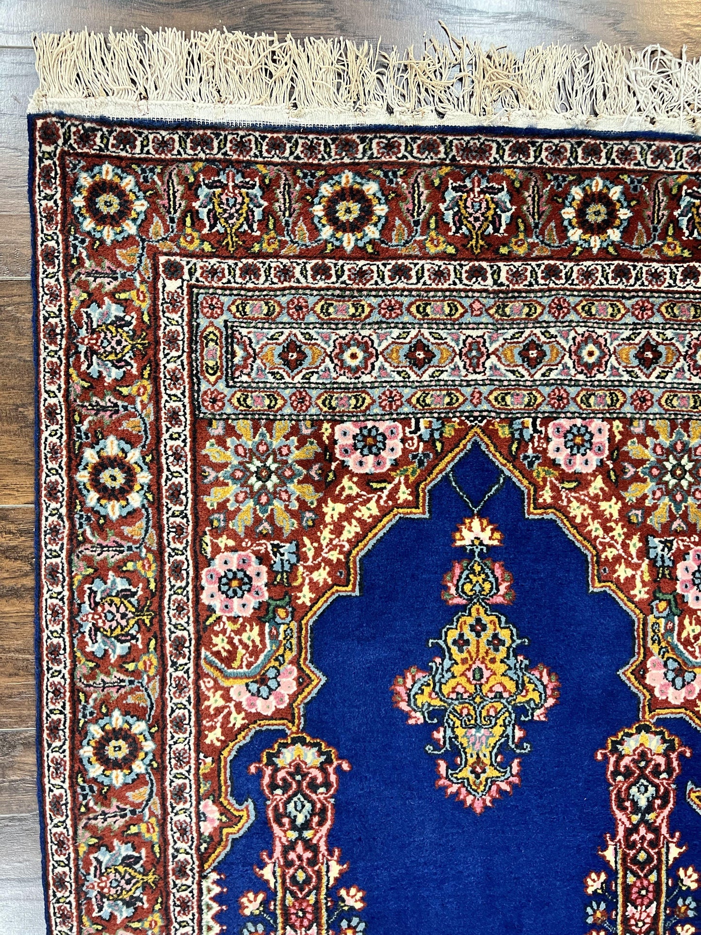 Indo Persian Prayer Rug 3x5 Vintage Hand Knotted Handmade Wool Dark Blue And Red Oriental Carpet