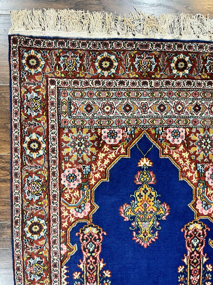 Indo Persian Prayer Rug 3x5 Vintage Hand Knotted Handmade Wool Dark Blue And Red Oriental Carpet