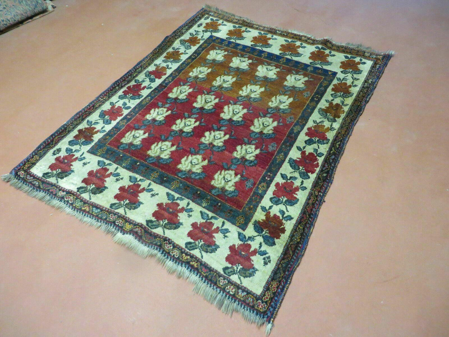 Turkish Floral Wool Rug Handmade Semi Antique 45x58 Inches