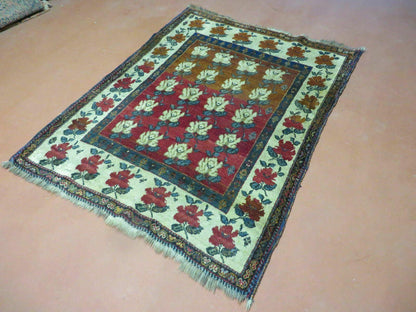 Turkish Floral Wool Rug Handmade Semi Antique 45x58 Inches