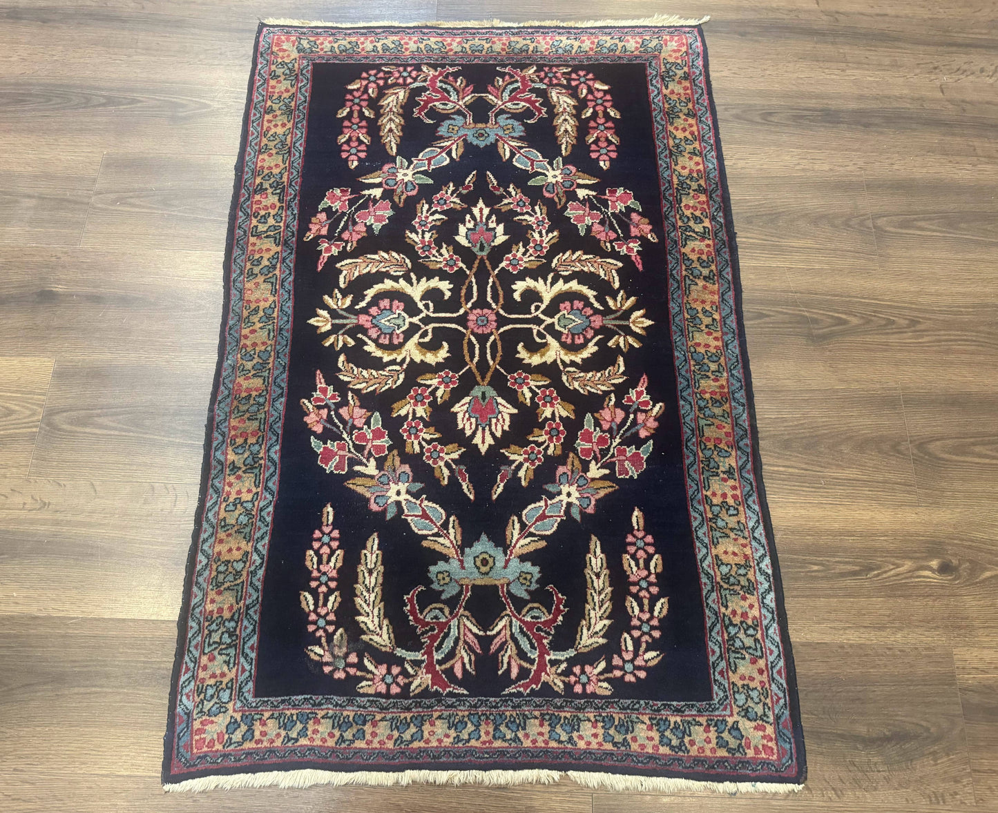 Persian Kerman Rug Antique Navy Blue Floral 2 Ft 8 In By 4 Ft Hand Woven