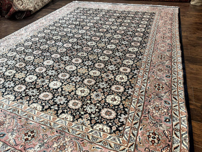 Indo Persian Rug 9x12, Vintage Handmade Wool Carpet, Repeated Allover Motif, Navy Blue and Pink