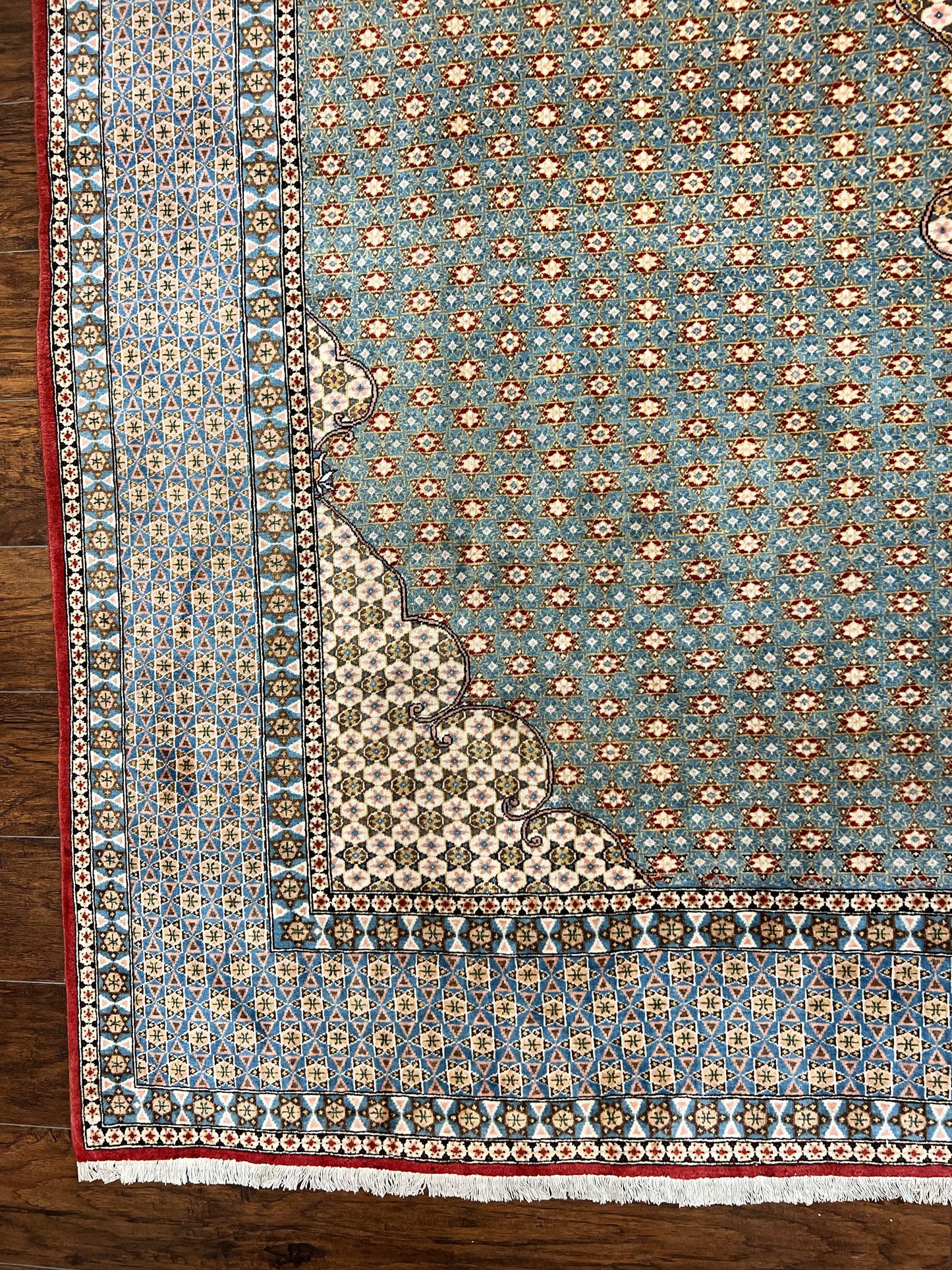 Rare Persian Rug 8x12, Qum Rug, Repeated Star Motifs, Blue and Ivory, Fine 300 KPSI, Hand Knotted Handmade Vintage Wool Rug