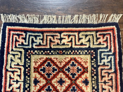 Small Antique Chinese Rug 2x2, Red Blue Square Rug Mat, Handmade, Tibetan Rug