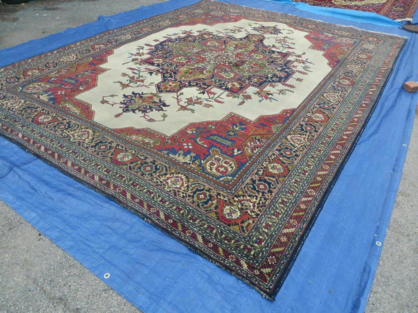 Persian Tabriz Rug 10x13 Oriental Carpet, Ivory Open Field, Geometric Medallion, Red Blue, Hand Knotted, Large Wool Area Rug Vintage Antique 1950s