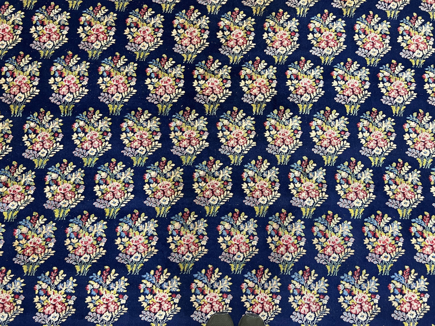 Persian Rug 9x12, Authentic Hand Knotted Carpet, Repeated Floral Motif Garden of Eden, Navy Blue Wool Rug 9 x 12, Semi Antique Kirman Rug