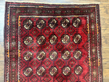 Persian Turkoman Tribal Rug 4x8, Handmade Vintage Wool Carpet, Red, Bohemian Rug