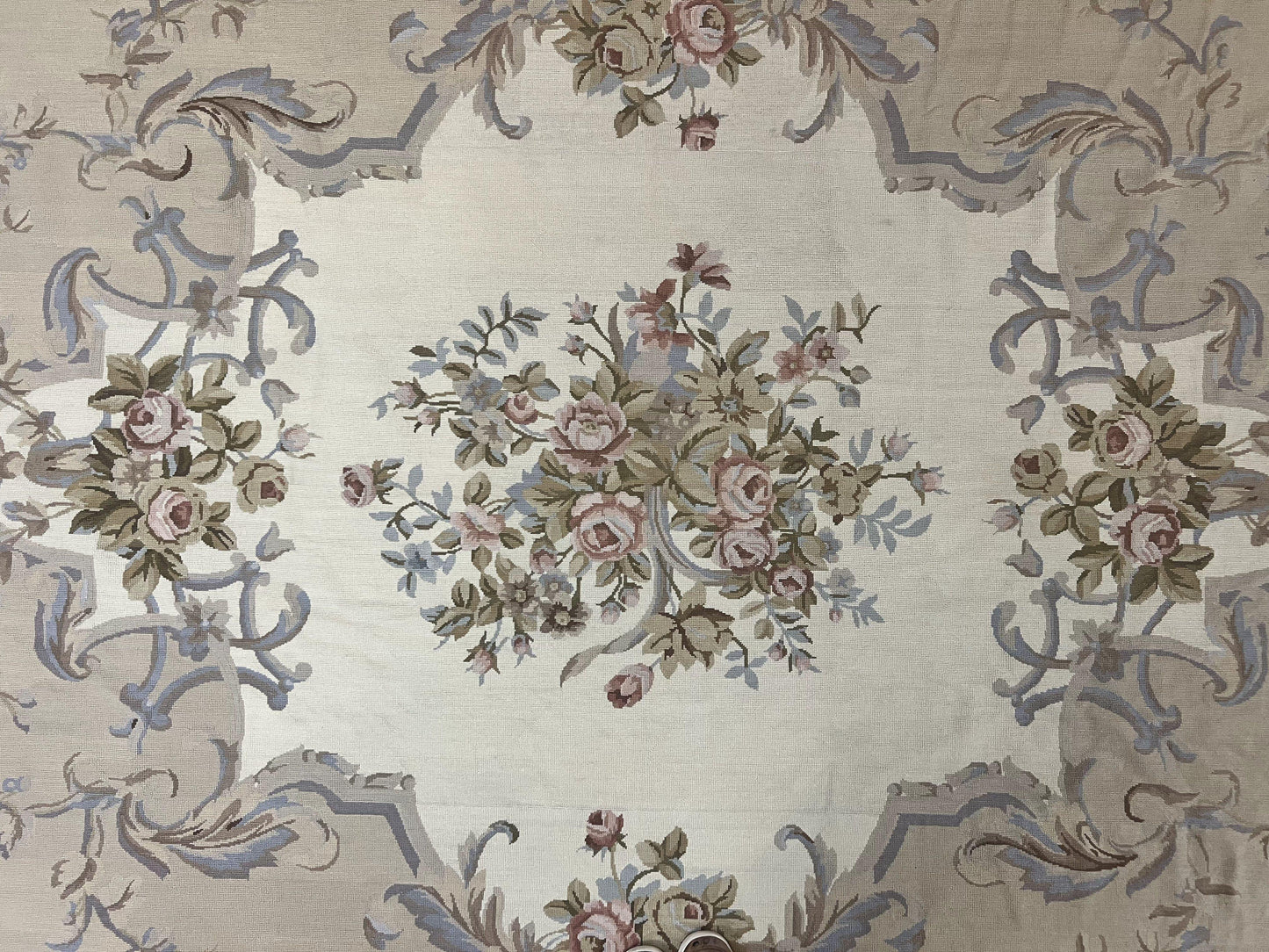 Aubusson Needlepoint Rug 9x12 Vintage Handmade Wool Beige Floral Roses European Elegant