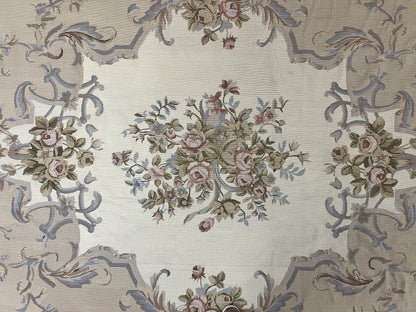 Aubusson Needlepoint Rug 9x12 Vintage Handmade Wool Beige Floral Roses European Elegant