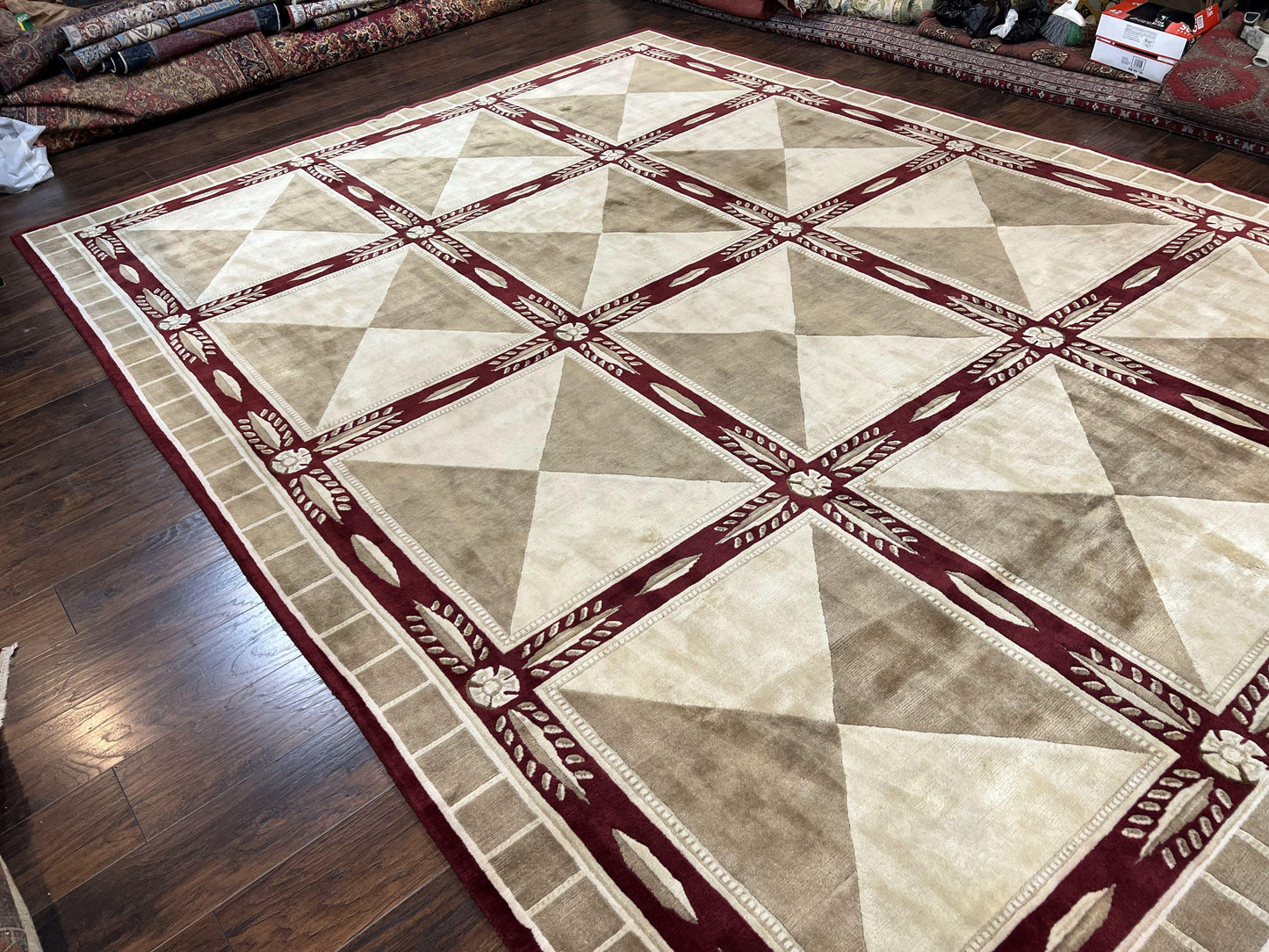 Indo Tibetan Rug 10x14, Nepali Carpet, Large Soft Wool Area Rug, Olive Tan Maroon, Contemporary Rug 10 x 14 ft Living Room Rug, Handmade Rug