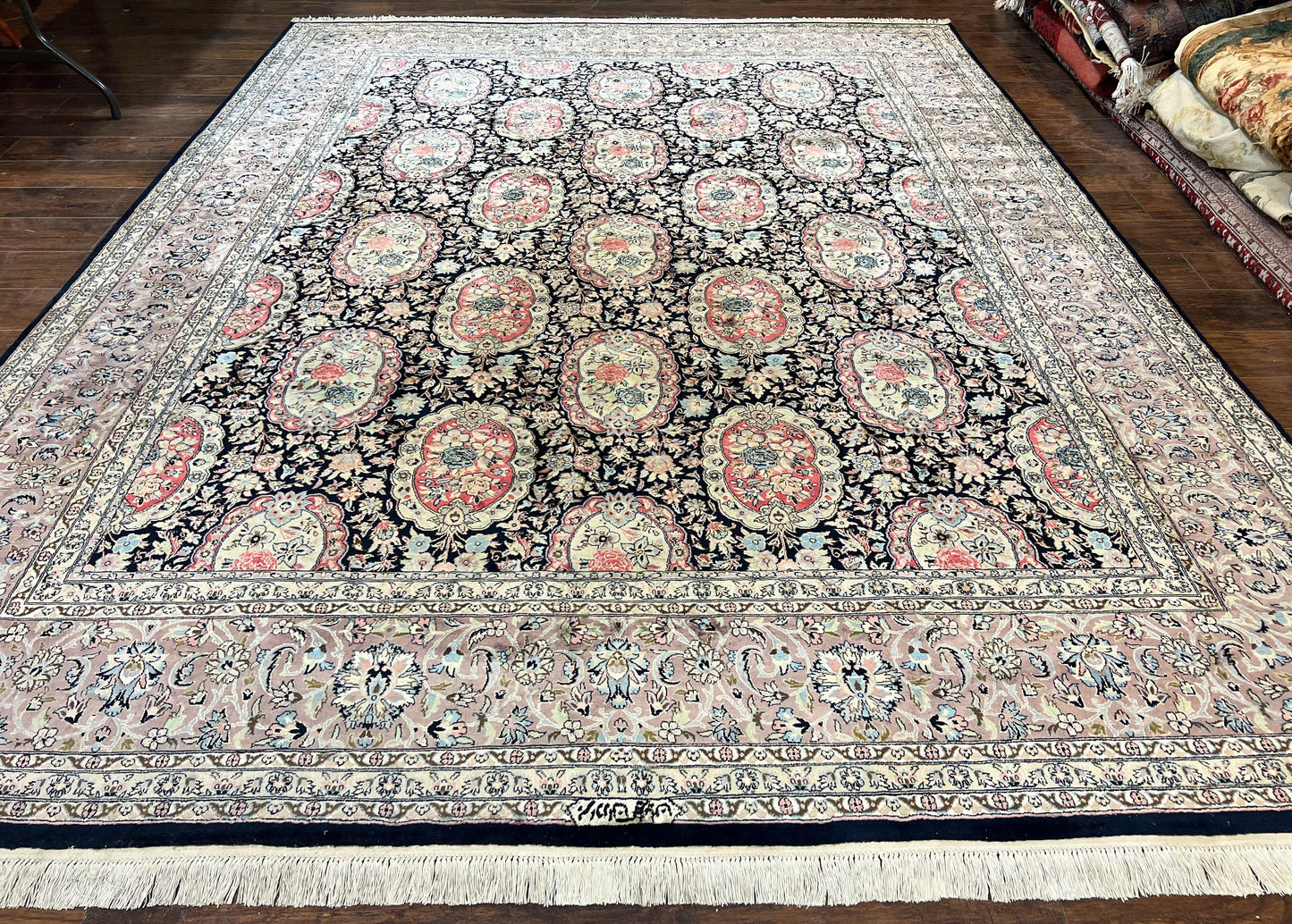 Sino Persian Rug 9x12 Navy Blue and Pink Hand Knotted Wool Silk Floral Vintage Oriental Carpet