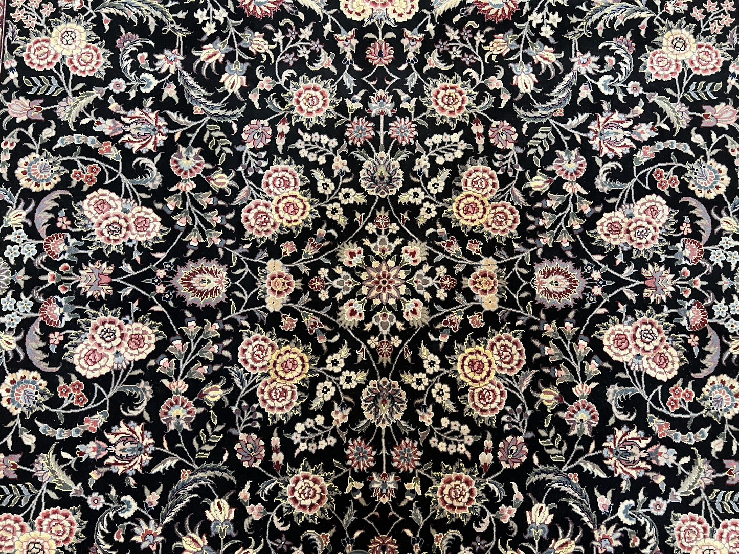 Hand Knotted Persian Rug 9x12 Wool Silk Highlights Vintage Black Cream
