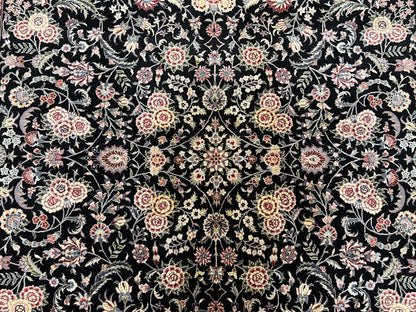 Hand Knotted Persian Rug 9x12 Wool Silk Highlights Vintage Black Cream