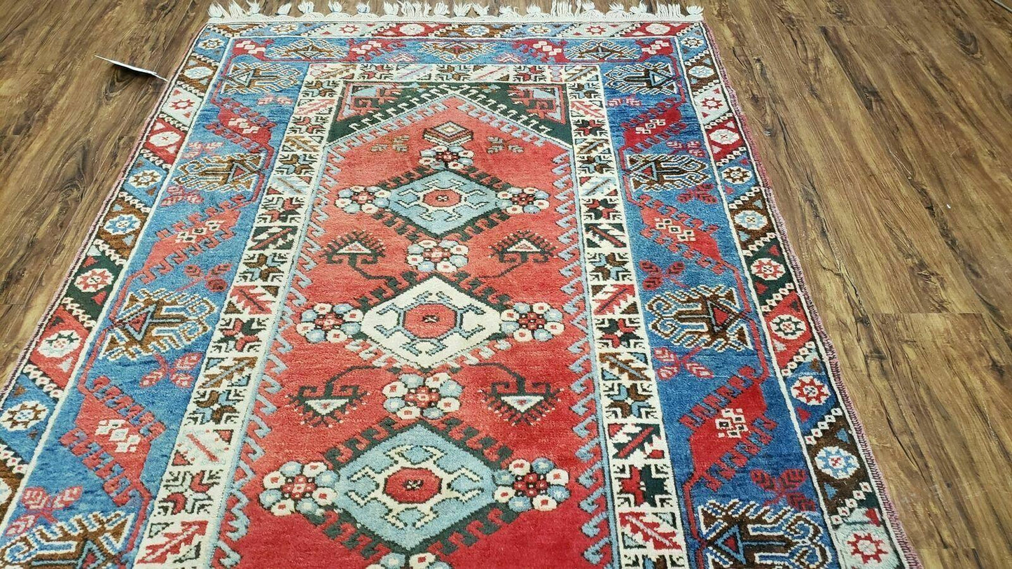 Handmade Turkish Shirvan Kazak Wool Rug 4x6 Colorful Vintage Style