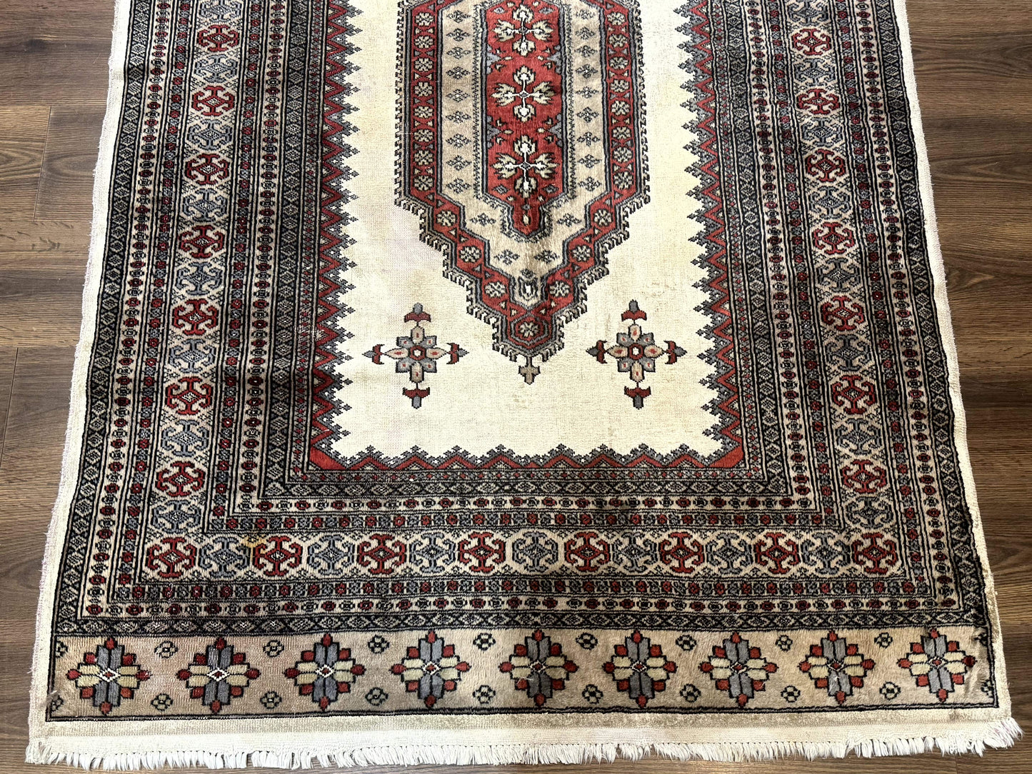 Pakistani Turkoman Rug 4x6, Semi Open Field, Ivory, Vintage