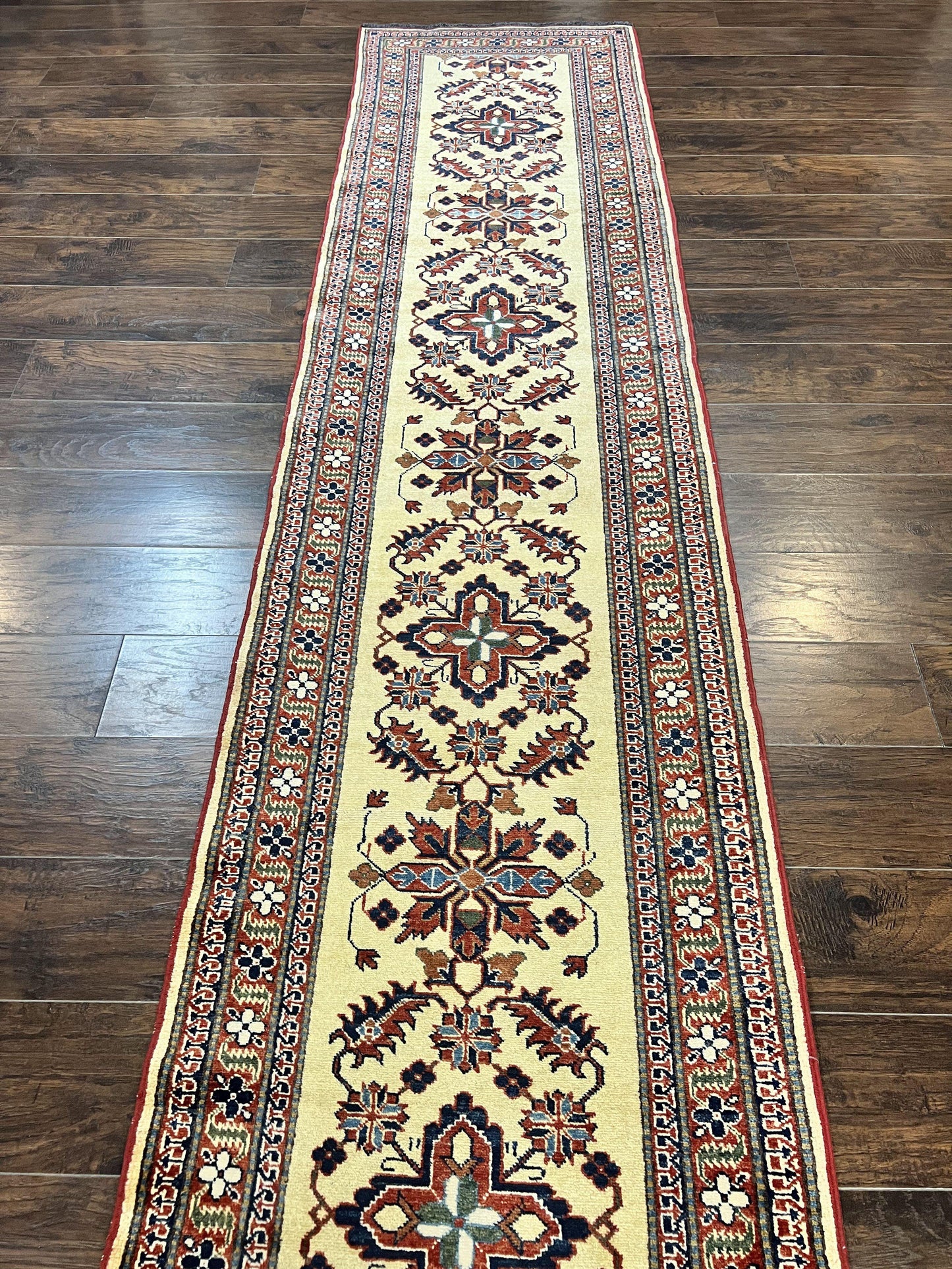 Afghan Heriz Runner Rug 2.9 x 12, Vintage Hand Knotted Persian Carpet for Hallway, 12ft Runner, Wool, Cream