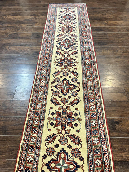 Afghan Heriz Runner Rug 2.9 x 12, Vintage Hand Knotted Persian Carpet for Hallway, 12ft Runner, Wool, Cream