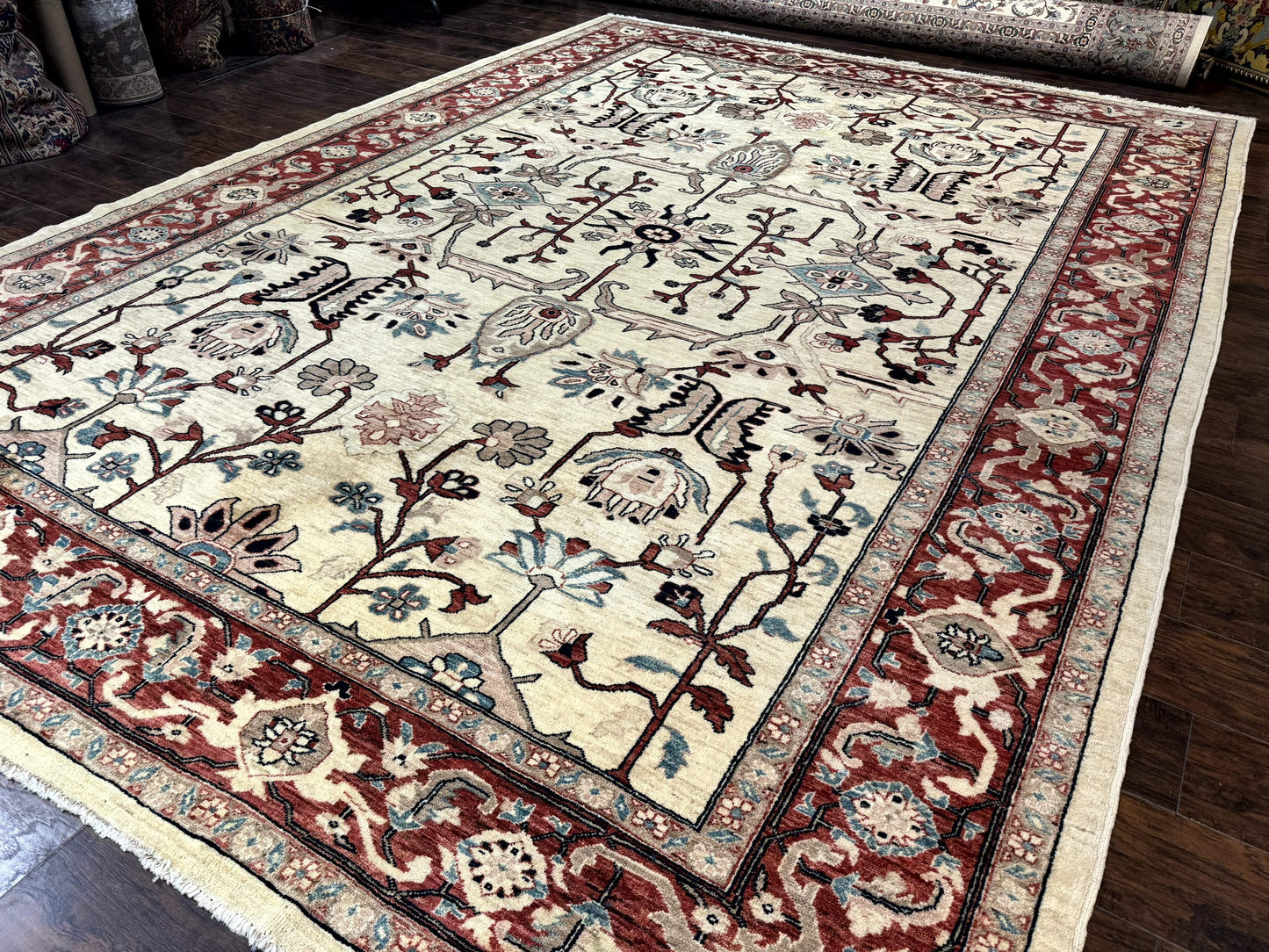 Peshawar Rug 10x14 Beige And Rust Red Hand Knotted Wool Pakistani Rug
