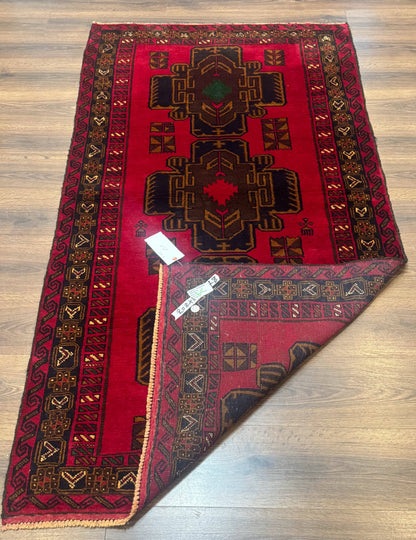 Afghan Balouch Rug Red 4x7 Handmade Wool Area Carpet Triple Medallions