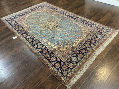 Light Blue Persian Isfahan Rug 5x8, Floral Medallion, Wool on Silk Foundation, Very Fine 530 KPSI, Handmade Carpet