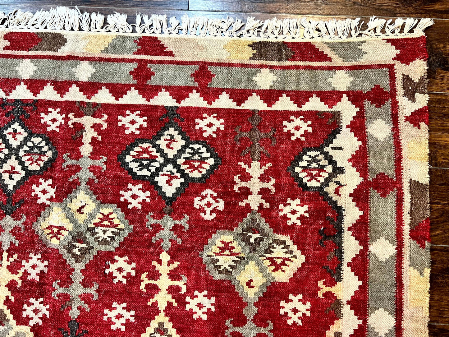 Indian Kilim Rug 6x6 Square Flatweave Wool Carpet Vintage Handmade Red