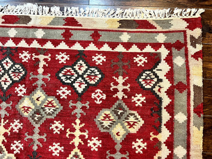 Indian Kilim Rug 6x6 Square Flatweave Wool Carpet Vintage Handmade Red