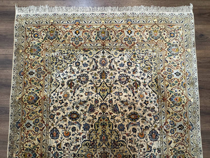 Antique Silk Persian Kashan Rug 4 Ft 6 In By 7 Ft 2 In Ivory Field With Floral Motifs